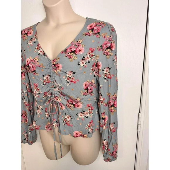 Rewind Floral Gray & Pink Floral Ruched Drawstring Blouse – Size XL #0729 - Picture 4 of 8
